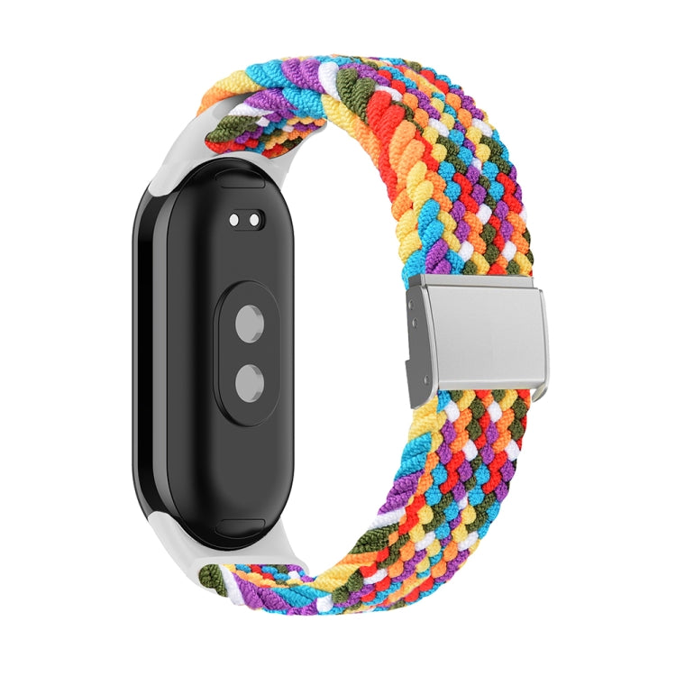 Rainbow braided nylon watch band with adjustable steel buckle and silver clasp for fitness tracker