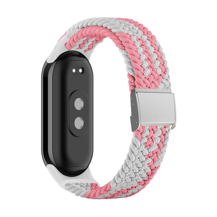 Pink and white braided nylon watch band with adjustable steel buckle and silver clasp