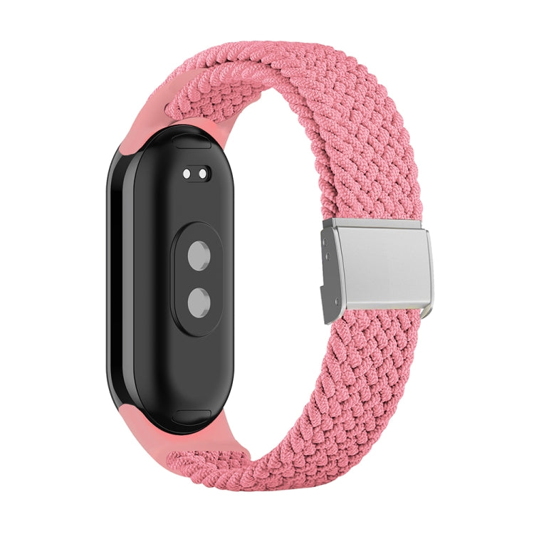Pink braided nylon watch band with adjustable steel buckle and silver clasp
