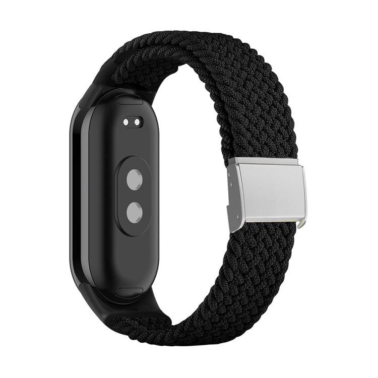 Black braided nylon watch band with adjustable steel buckle and silver clasp