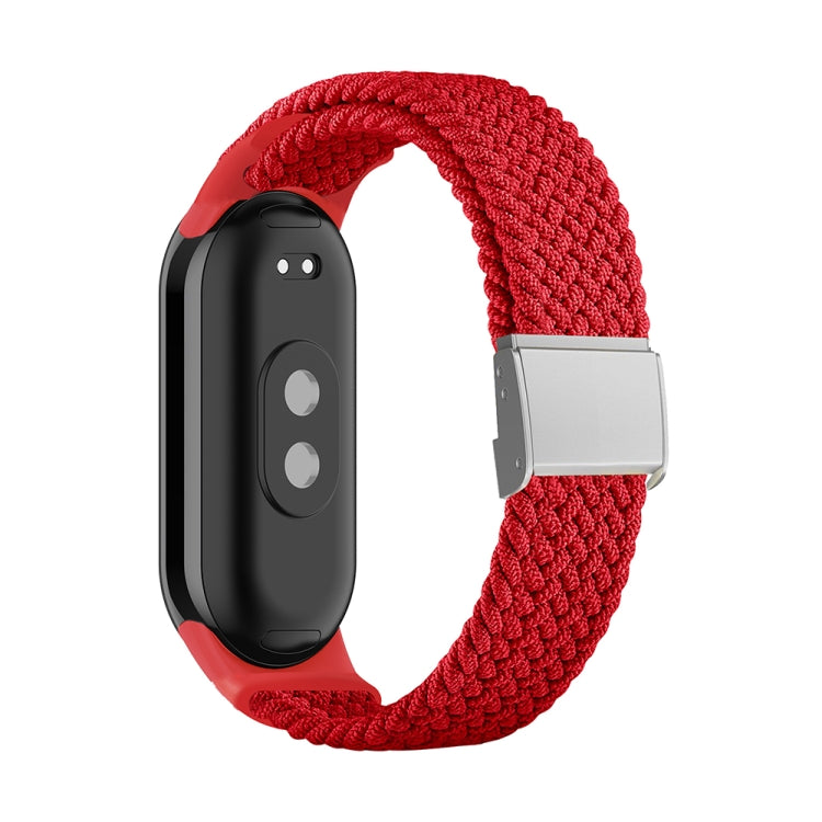 Red braided nylon watch band with adjustable steel buckle and silver clasp
