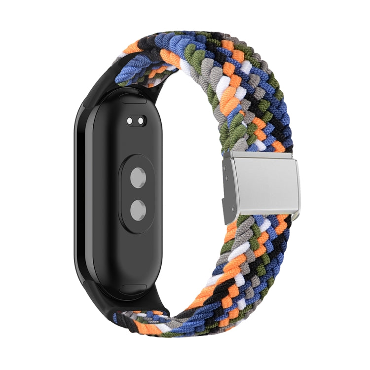 Adjustable braided nylon watch band with stainless steel buckle, multicolor stripe