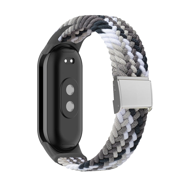 Adjustable braided nylon watch band with stainless steel buckle, grey and white