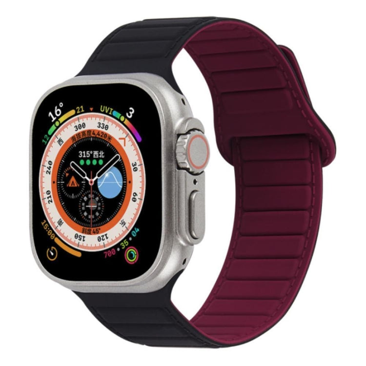 Magnetic silicone watch band in burgundy wine red with black two-tone design.