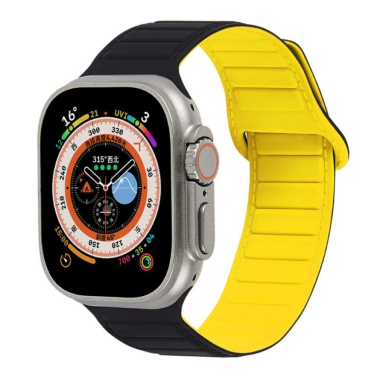 Two-tone silicone watch band, black and yellow loop magnetic style for Apple Watch.