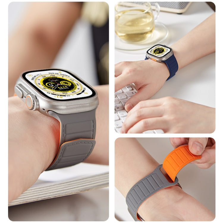 Silicone magnetic watch band on smartwatch, gray strap with orange accents