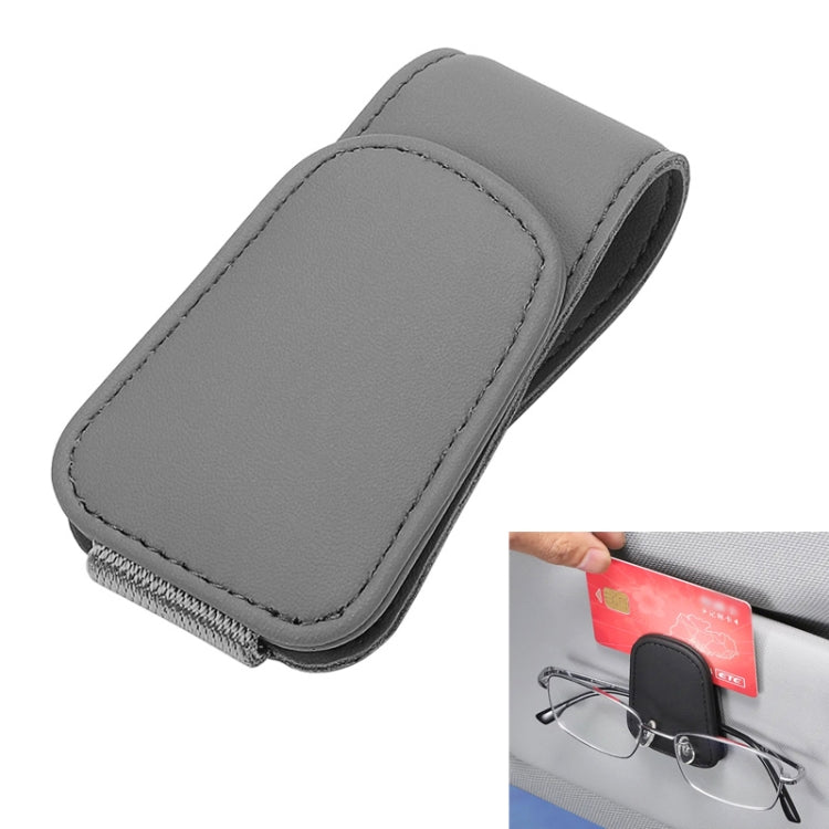 Car sun visor eyeglasses holder, grey faux-leather card clip storage rack