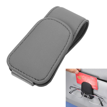 Car sun visor eyeglasses holder, grey faux-leather card clip storage rack