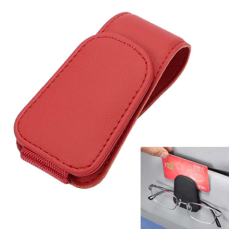 Car sun visor eyeglasses holder, red faux-leather card clip storage rack