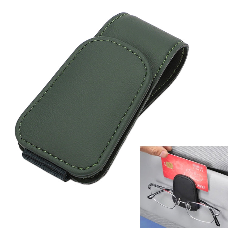 Car sun visor eyeglasses holder, dark green faux-leather card clip storage rack