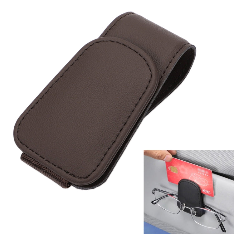 Car sun visor eyeglasses holder, dark brown faux-leather card clip storage rack