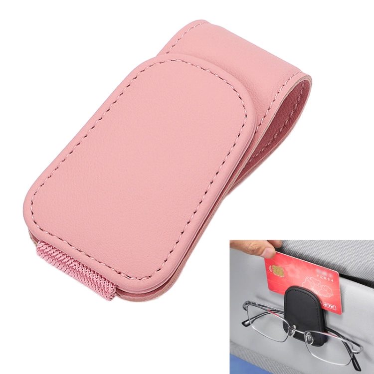 Car sun visor eyeglasses holder, pink faux-leather card clip storage rack