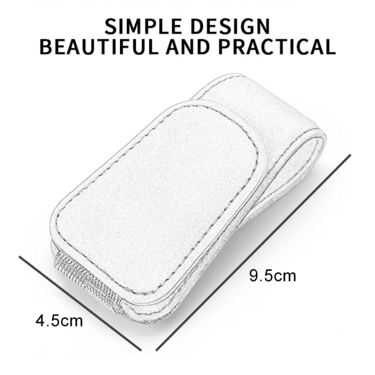 Light gray car visor glasses holder with padded front pocket and stitched edges