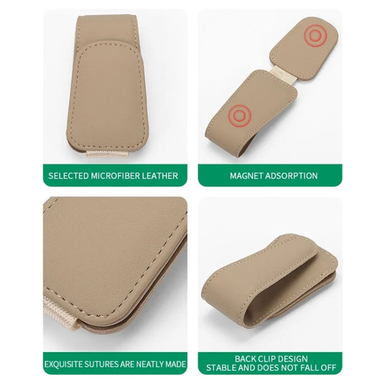 Beige car visor glasses holder with magnet closure and back clip design