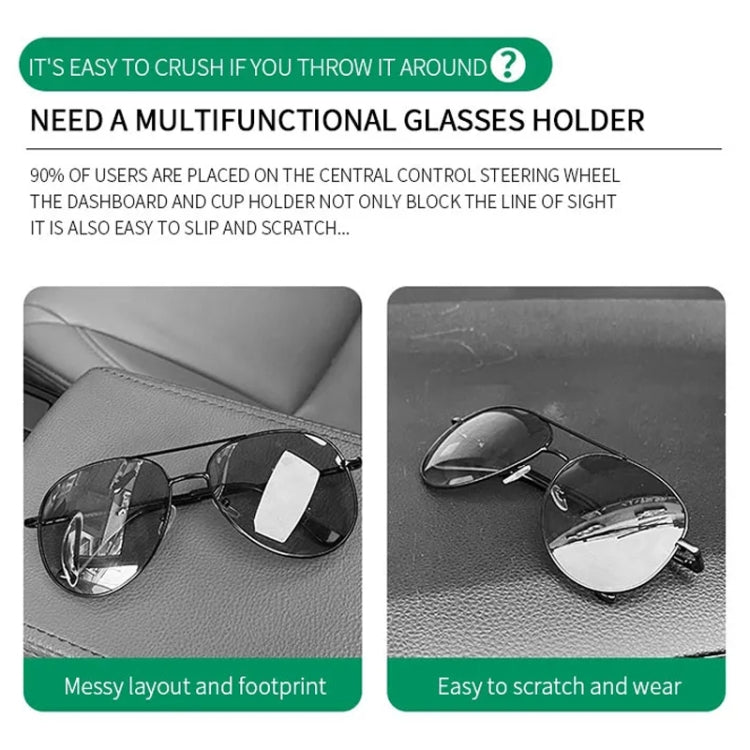 Car visor glasses holder with black pouch and clear eyeglasses on dashboard