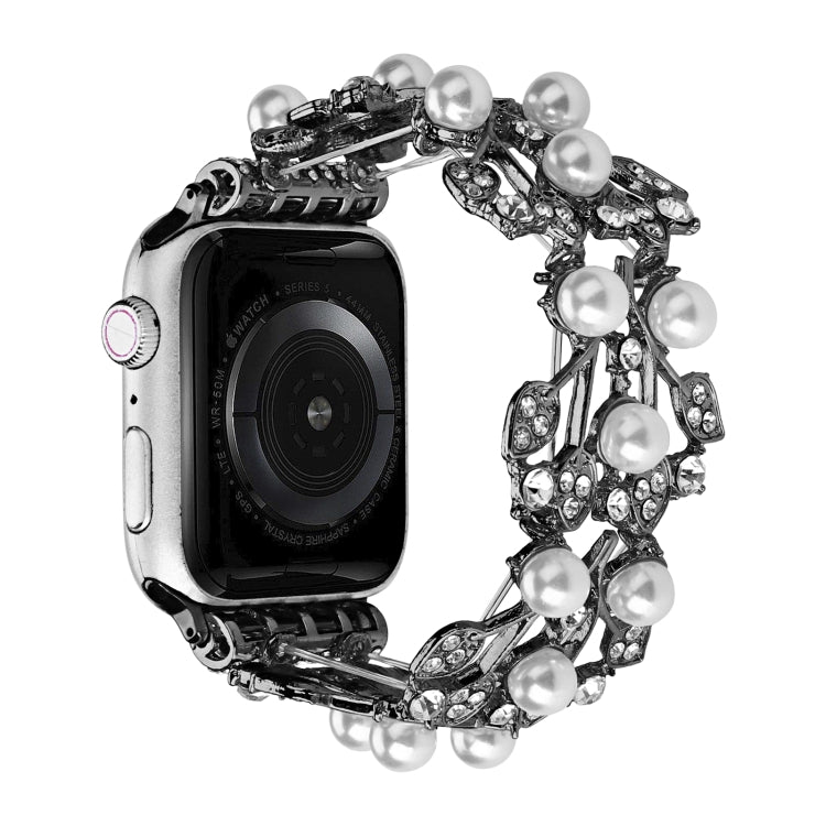 Four-leaf bead metal watch band with rhinestone openwork and pearl bead links, silver