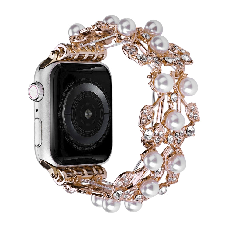 Four-leaf bead metal watch band with pearl beads and rhinestone openwork, rose gold