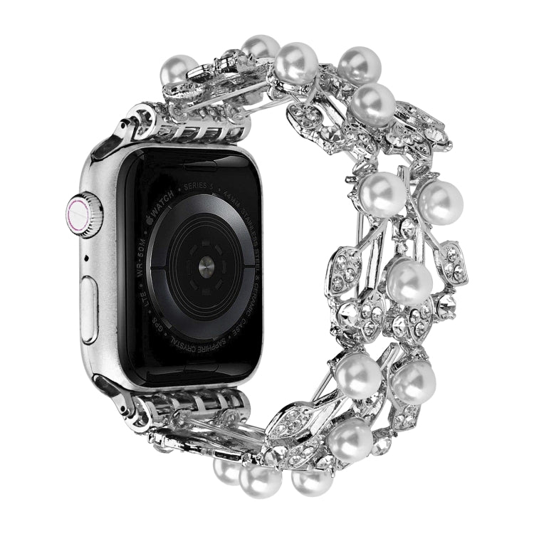 Four-leaf bead metal watch band with pearl bead row and rhinestone four-leaf design, silver