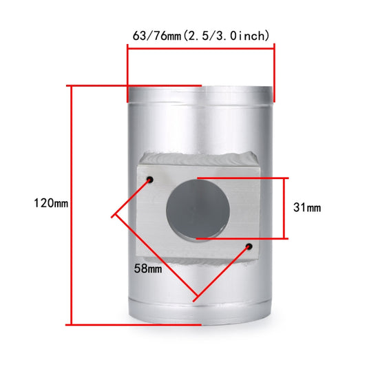 Silver intake sensor flange adapter with dimensions: 63/76mm, 120mm length, 31mm width