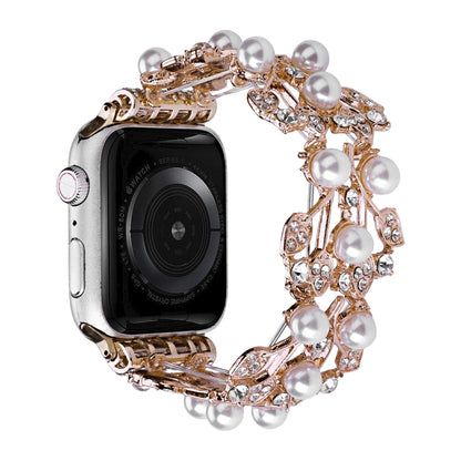Four-leaf beaded metal watch band in rose gold with pearl beads and crystal accents