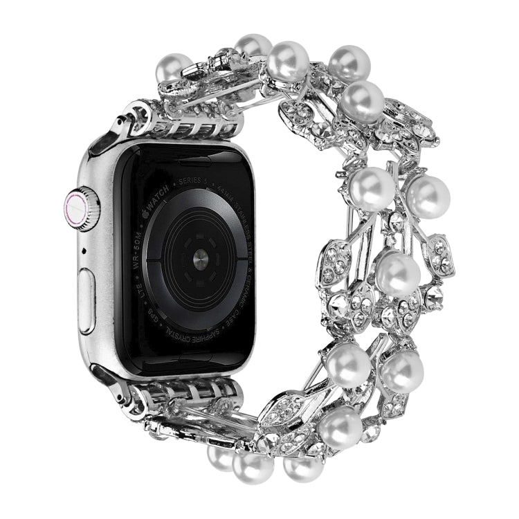Four-leaf beaded metal watch band in silver with pearl beads and crystal accents