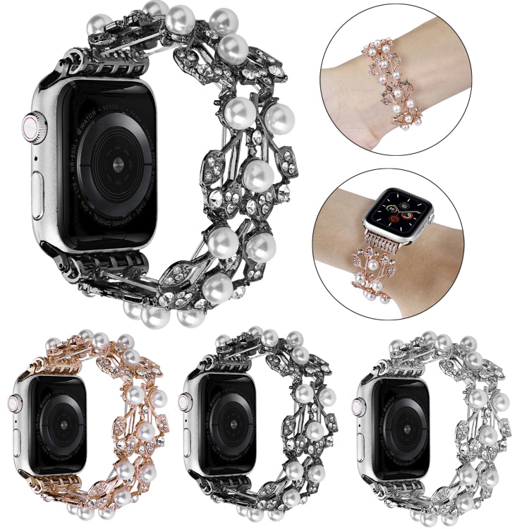Metal bead watch band with pearl-like beads and crystal accents shown in multiple tones.