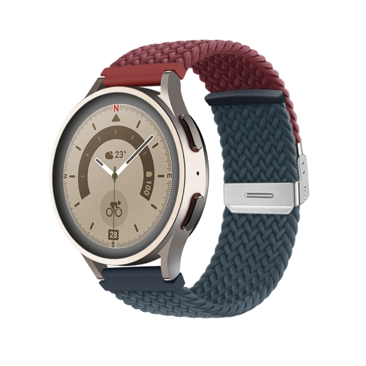 Braided nylon watch band with buckle, burgundy and teal woven strap, silver clasp