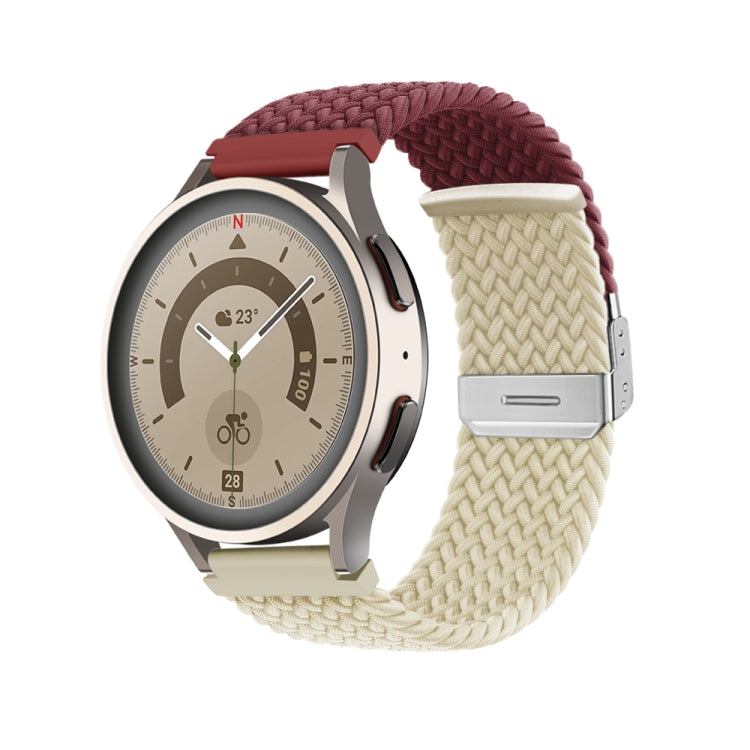 Braided nylon watch band with buckle, burgundy and cream woven strap, silver clasp