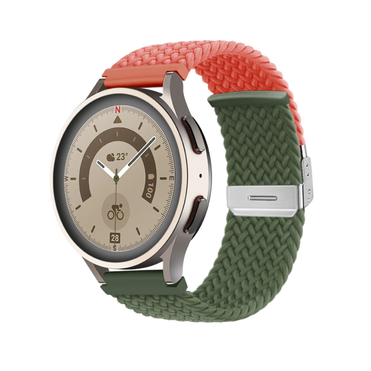 Braided nylon watch band with buckle, coral orange and deep green weave, silver clasp