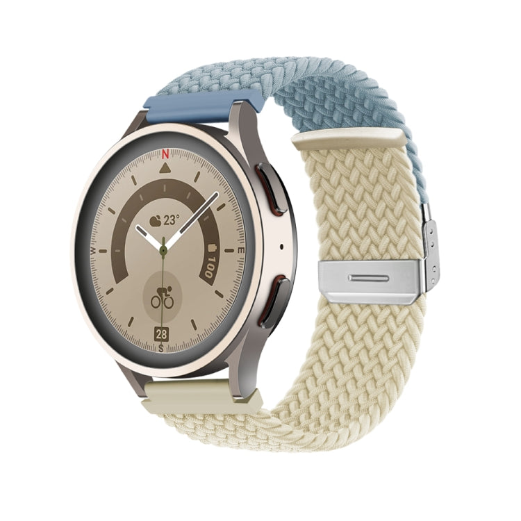Blue and cream braided nylon watch band with buckle clasp and metal keeper