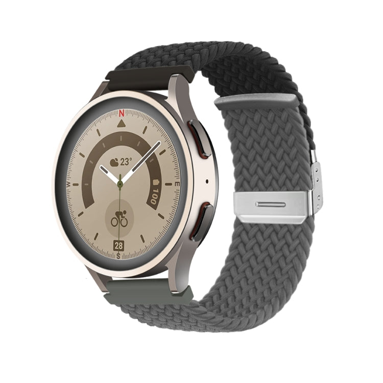 Braided nylon watch band with buckle, dark gray/black weave, silver clasp hardware