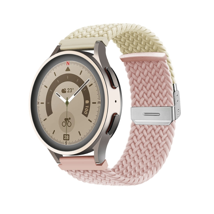 Light pink braided nylon watch band with buckle clasp and metal keeper