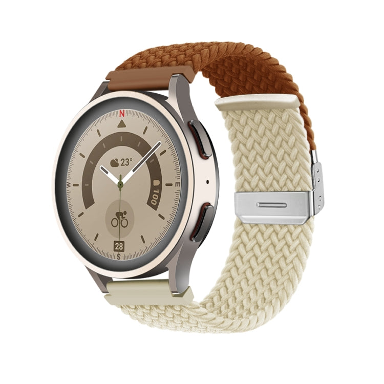 Braided nylon watch band with buckle clasp, cream/tan woven strap.