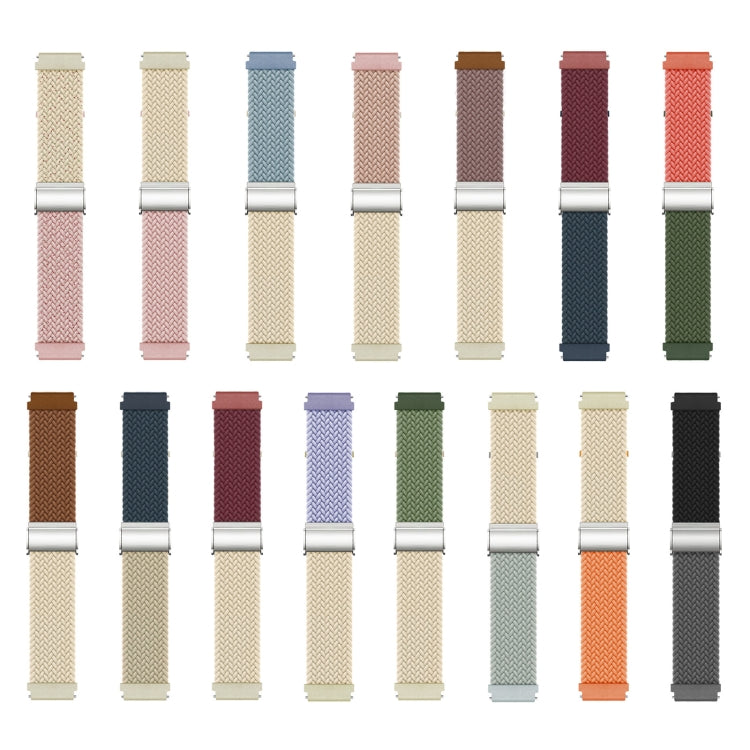 Braided nylon watch band color swatches with silver buckle clasps, assorted colors.