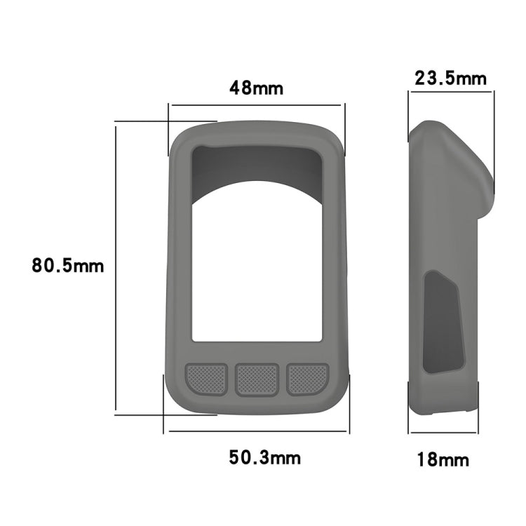Gray silicone case dimensions diagram with side tab and front opening measurements.