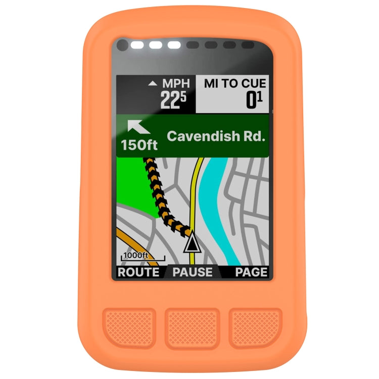 Orange silicone protective case with screen cutout and button ports for a bike computer