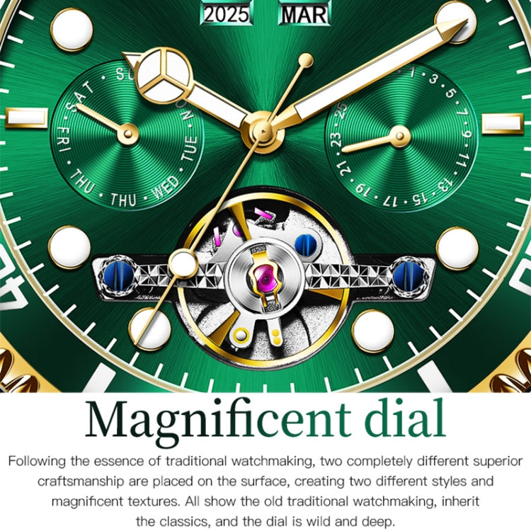 Green dial mechanical watch with gold hands and visible skeleton movement