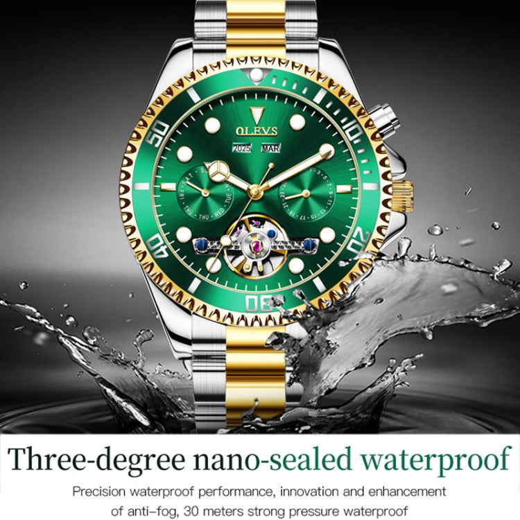 Green dial OLEVS mechanical watch with gold bezel and two-tone metal bracelet