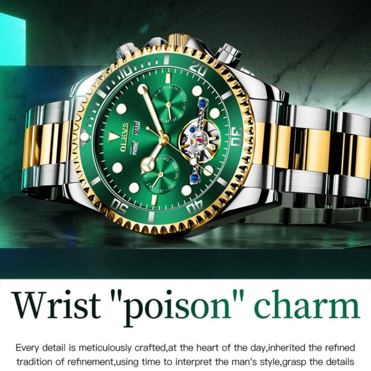Green dial mechanical watch with gold bezel accents and two-tone stainless-steel bracelet