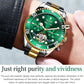 Green dial mechanical watch on wrist with black leather strap and two-tone bracelet