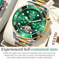 Green dial mechanical watch close-up with gold bezel ring and two-tone bracelet