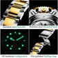 Green and gold stainless-steel mechanical watch with threaded crown and bracelet detail