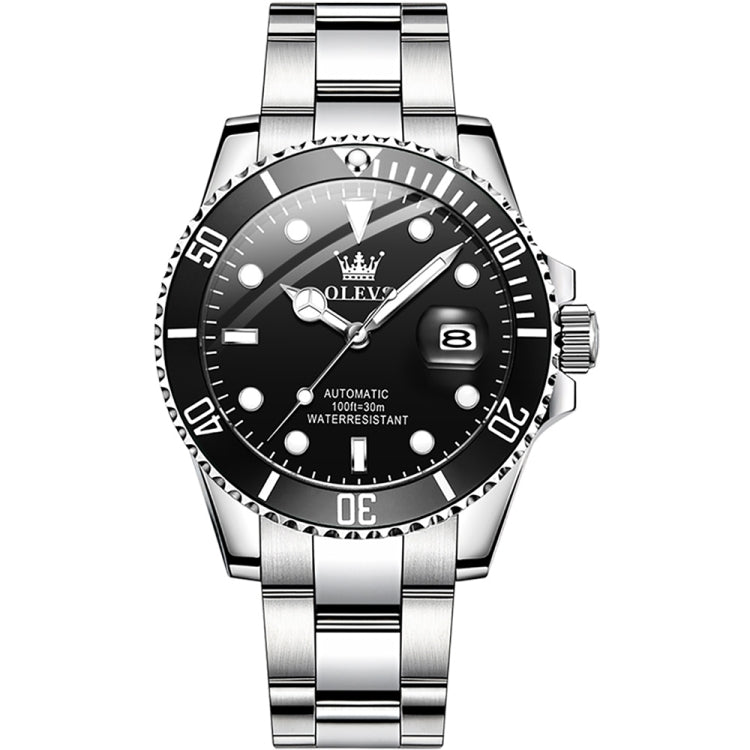Men's mechanical waterproof wristwatch with black dial, luminous hour markers, steel bracelet