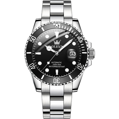 Men's mechanical waterproof wristwatch with black dial, luminous hour markers, steel bracelet