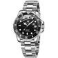Men's mechanical waterproof wristwatch, angled view with black dial, luminous markers, steel band