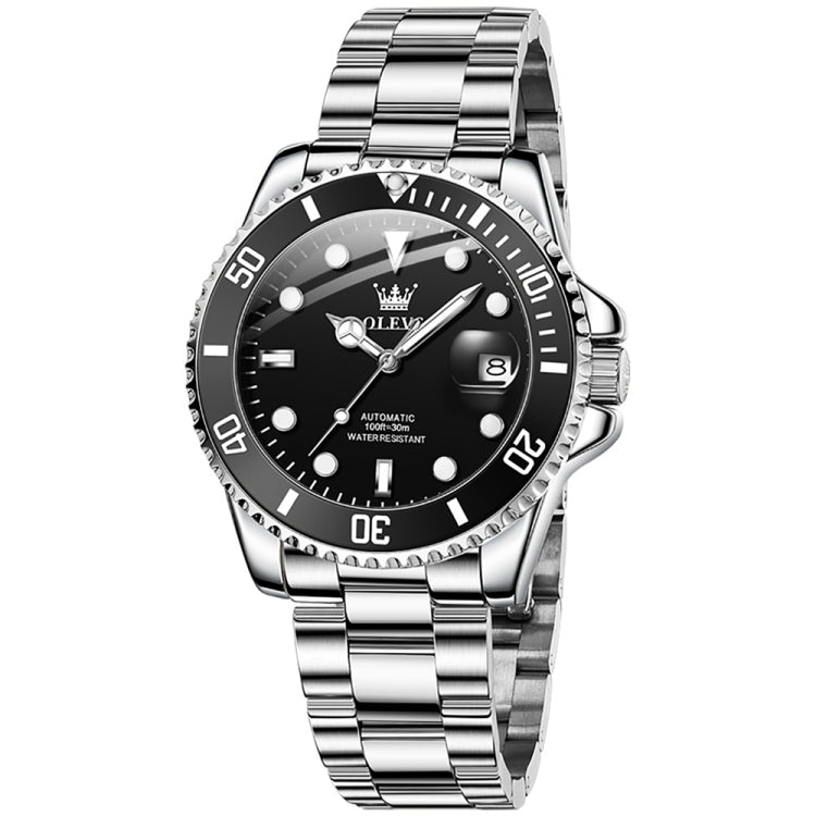 Men's mechanical waterproof wristwatch, angled view with black dial, luminous markers, steel band