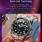 Close-up of men's mechanical waterproof wristwatch with black dial, luminous markers, steel case