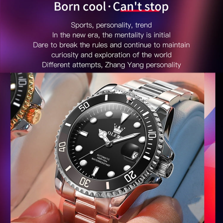 Close-up of men's mechanical waterproof wristwatch with black dial, luminous markers, steel case