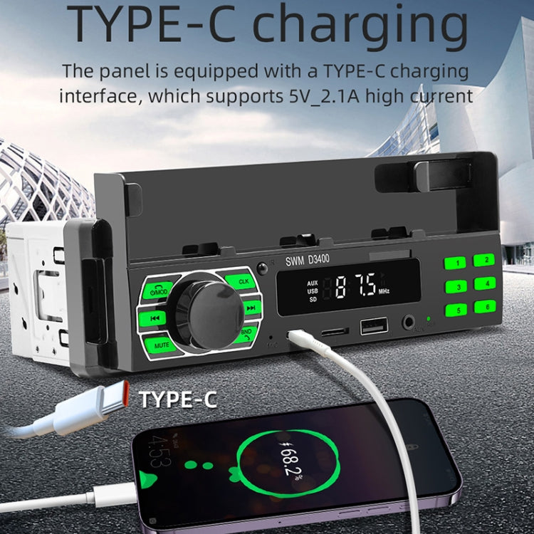 Car Bluetooth MP3 player with Type-C charging port, USB cables, and front control panel