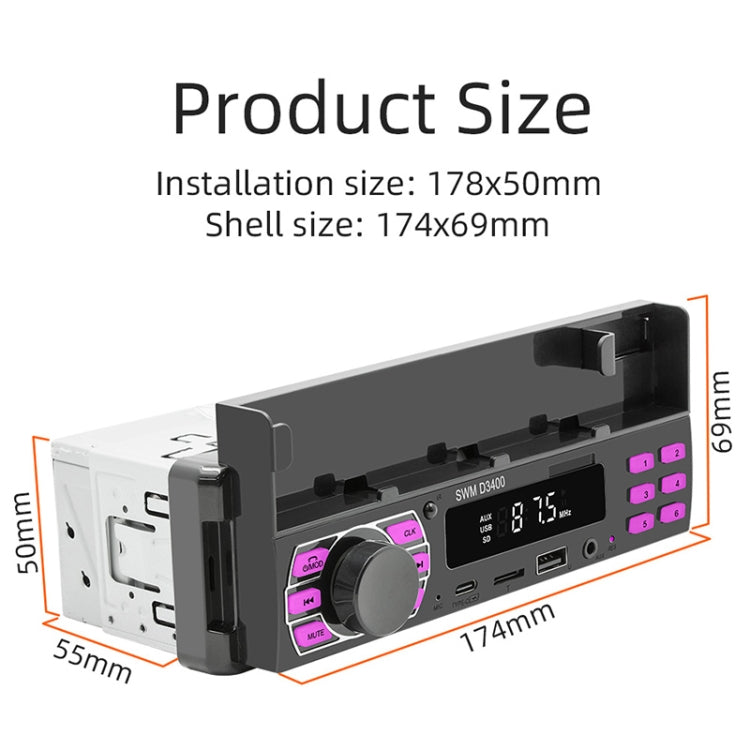 Car Bluetooth MP3 player with mounting dimensions, front panel and control knob